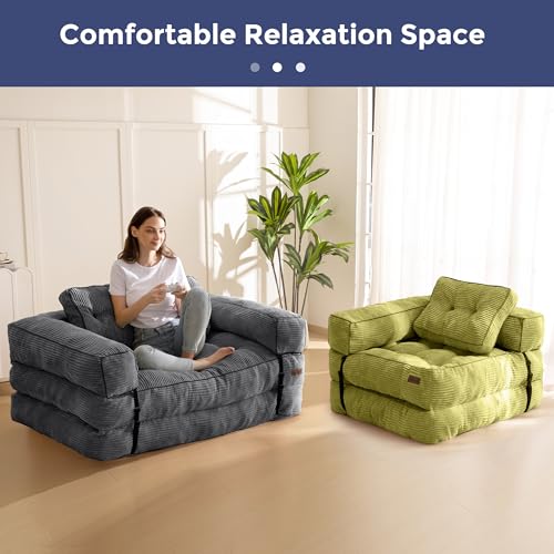 Folding Sofa Bed, L-Shaped Convertible Sleeper Couch with Armrest and Pillow, Dark Grey M375676
