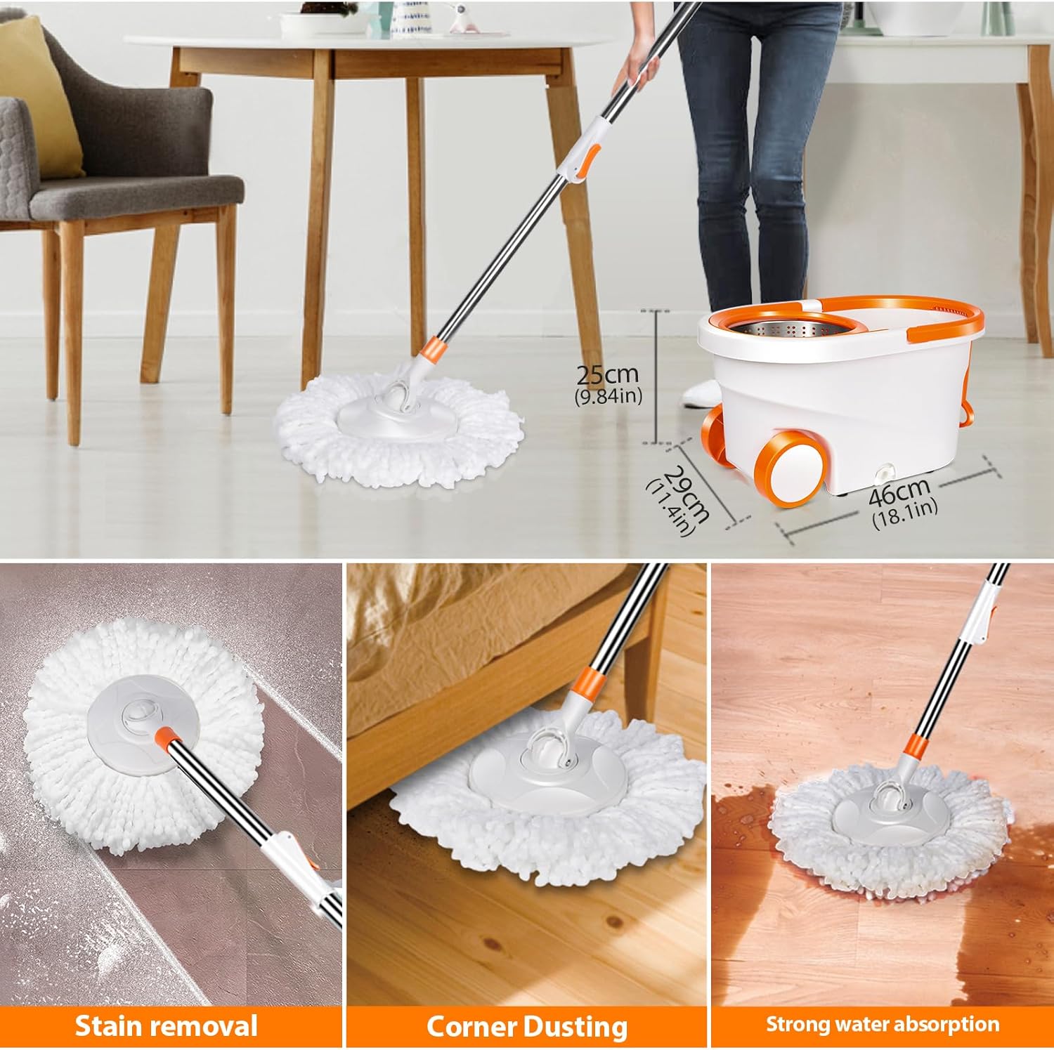 Spin Mop and Bucket with Wringer, Adjustable Handle, Stainless Steel Bucket with Wheels, 6 Microfiber Pads W465680