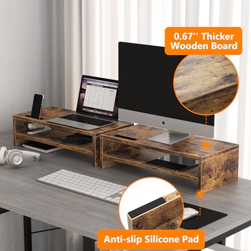 Wood Monitor Stand for Desk with Phone Slot and Storage Shelves Y759