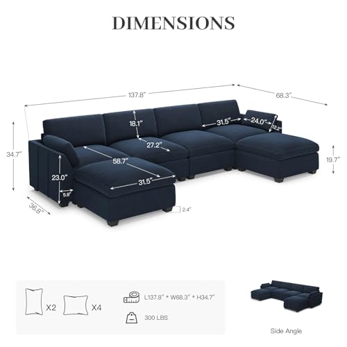 Extra Large Modular Sectional Sofa, 4-Seater L Shaped Couch, Velvet Convertible for Living Room L139