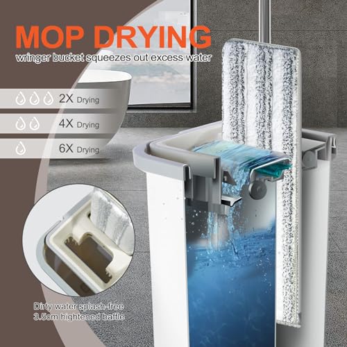 Mop and Bucket with Wringer Set, Flat Mop System with 3 Reusable Microfiber Pads C2920