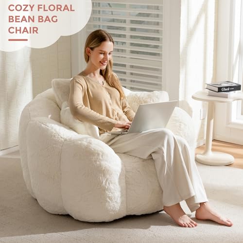 Floral Shaped Bean Bag Sofa for Adults, Faux Fur Floor Chair, Beige U8616