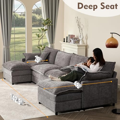 U Shaped Modular Sectional Sofa with Ottoman, Chenille, Black Z16537