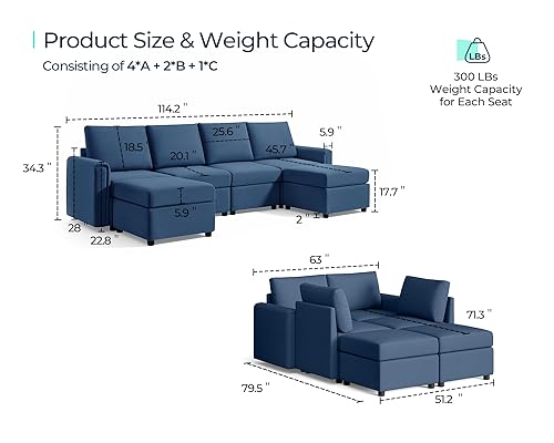 Modular Sectional Sofa with Storage, U Shaped Couch, Blue Y4358