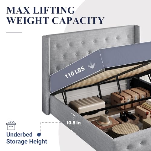 Full Size Lift Up Storage Bed with Wingback Headboard, Hydraulic Support, Light Beige P736605