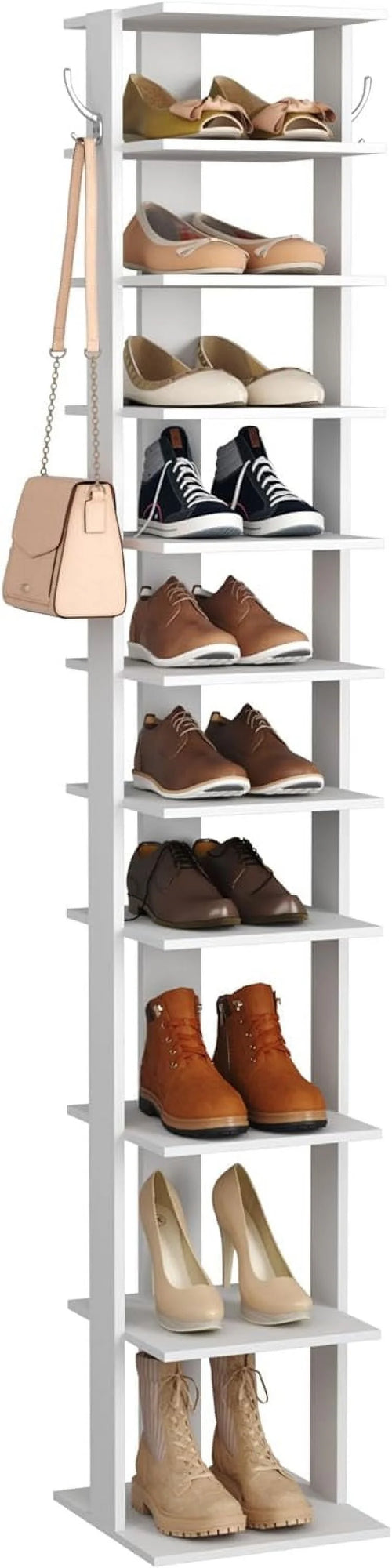 LIHONG 10-Tier Vertical Shoe Rack, Corner Shoe Tower, Slim Shoe Organizer with Two Hanging Hooks, Wooden Shoe Storage Stand for Entryway, Hallway, Closet (White)