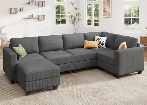 Corduroy Modular Sectional Couch with Storage, L-Shaped, 6 Seater, Dark Gray X823135