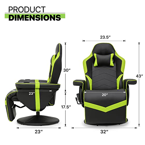 Massage Gaming Recliner Chair, 360° Swivel PU Leather, Adjustable Backrest, Footrest, Cup Holders, Bluetooth Speakers, Green X4845