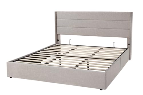 Full Size Lift Up Storage Bed with Wingback Headboard, Hydraulic Support, Light Beige P736605