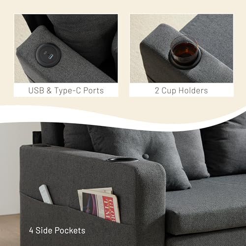 Convertible Sleeper Sofa Bed with Cup Holders, Grey H654808