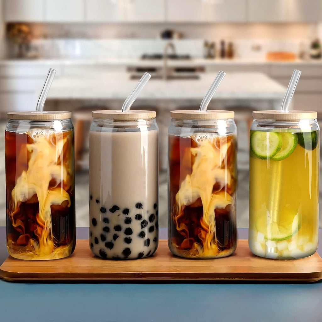 Glass Cups with Bamboo Lids and Straws 16 oz G304