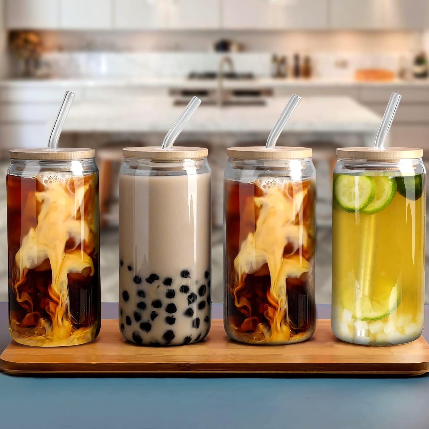 Glass Cups with Bamboo Lids and Straws 16 oz G304
