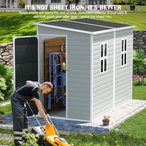 Resin Storage Shed, Waterproof Outdoor Shed with Floor, Lockable Door & 2 Windows G278