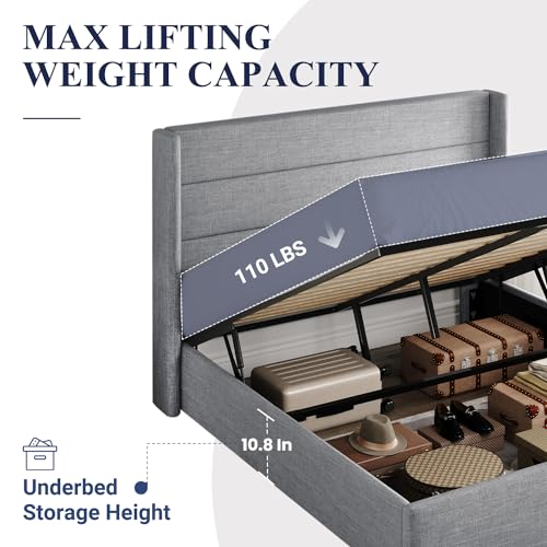Full Size Lift Up Storage Bed with Wingback Headboard, Hydraulic Support, Light Beige P736605
