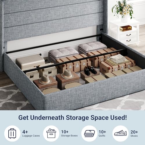 Full Size Lift Up Storage Bed with Wingback Headboard, Hydraulic Support, Light Beige P736605