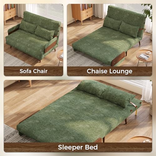 Convertible Chair Bed Sleeper for Adults, Linen with Wooden Arms & Pillows, Foldable Single Futon Sofa Bed Q683821