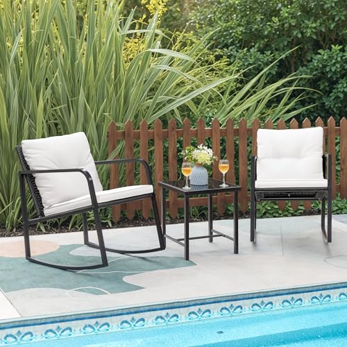 3 Piece Rocking Wicker Bistro Set with Glass Coffee Table J90293