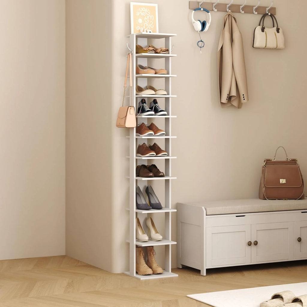 10-Tier Vertical Shoe Rack with Hanging Hooks, Slim Wooden Shoe Organizer K8858
