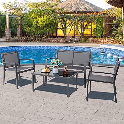 Patio Furniture Set with Glass Coffee Table, 4 Pieces, Black Q940