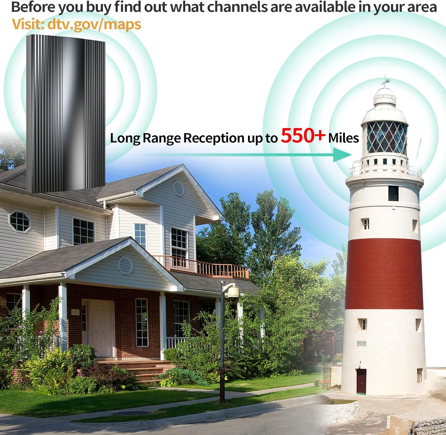 TV Antenna 550+ Miles, Indoor Outdoor Digital Antenna for HDTVs, 4K 1080P HD with Amplifier Signal Booster & 33FT Coaxial Cable V4591