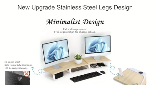 Dual Monitor Stand with Adjustable Length and Angle, Wood Desktop Organizer L351