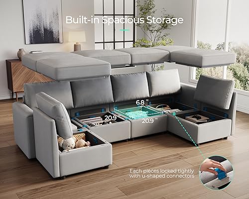 Modular Sectional Sofa with Storage, U Shaped Couch, Blue Y4358