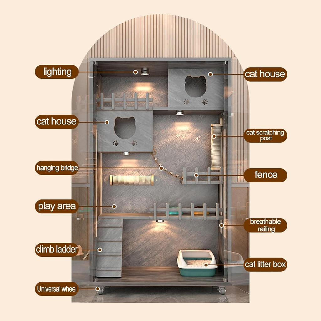 Large Cat Cage Indoor Catio with Scratching Post and Glass Doors C43328
