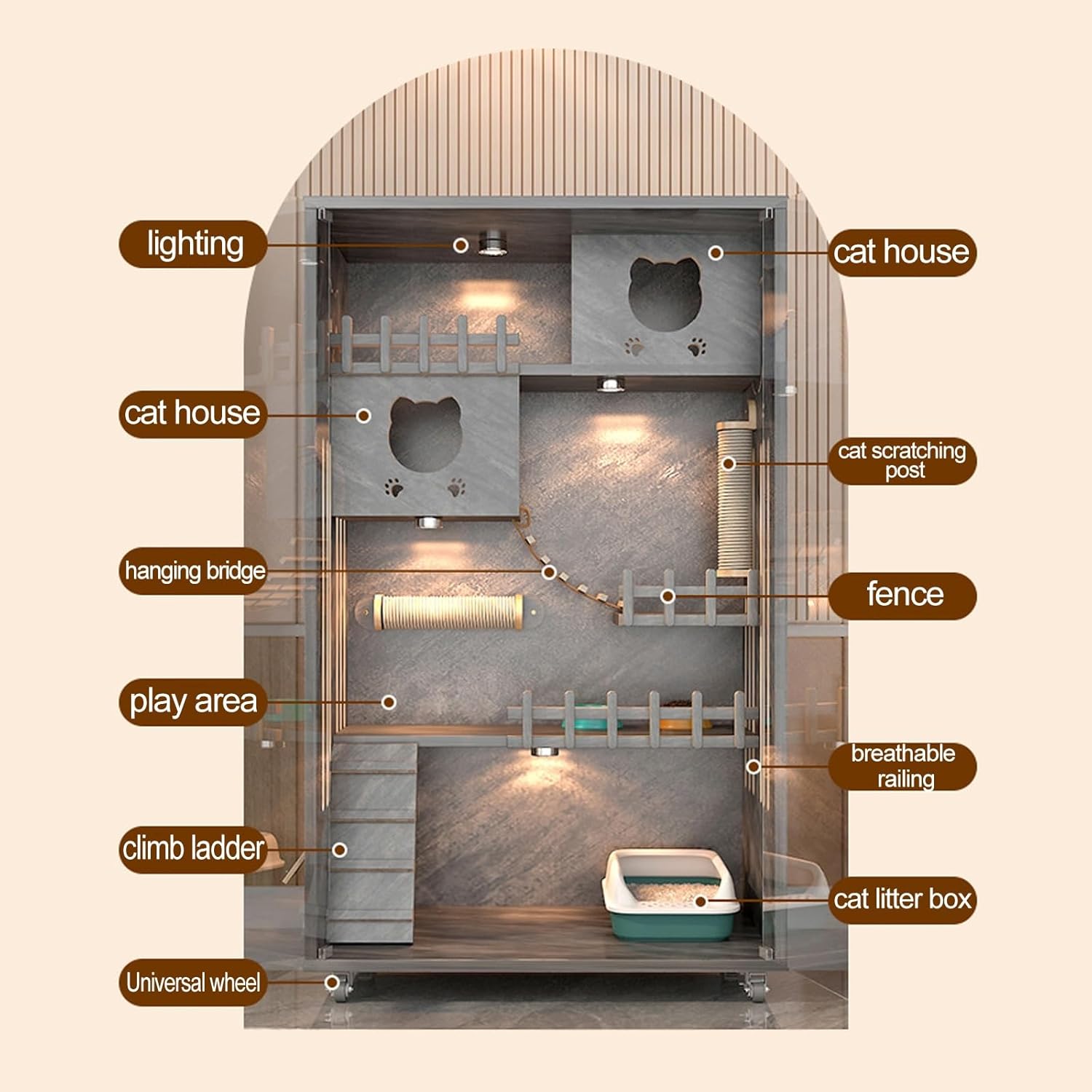 Large Cat Cage Indoor Catio with Scratching Post and Glass Doors C43328