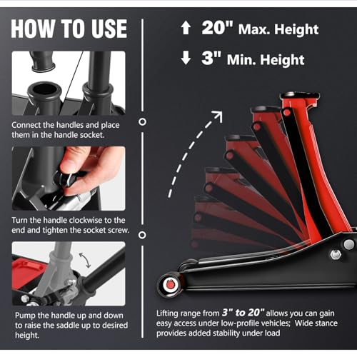 Floor Jack 3 Ton Capacity, Low Profile Heavy Duty Hydraulic Car Jack, Lifting Range 3"-20" O821