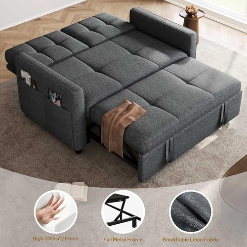 Convertible Sofa Bed, 3-in-1 Sleeper with Pull-Out Bed, Linen Futon Couch H198