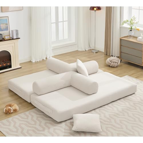 Corduroy Convertible Sleeper Sofa Bed with Pillow, Beige O72530