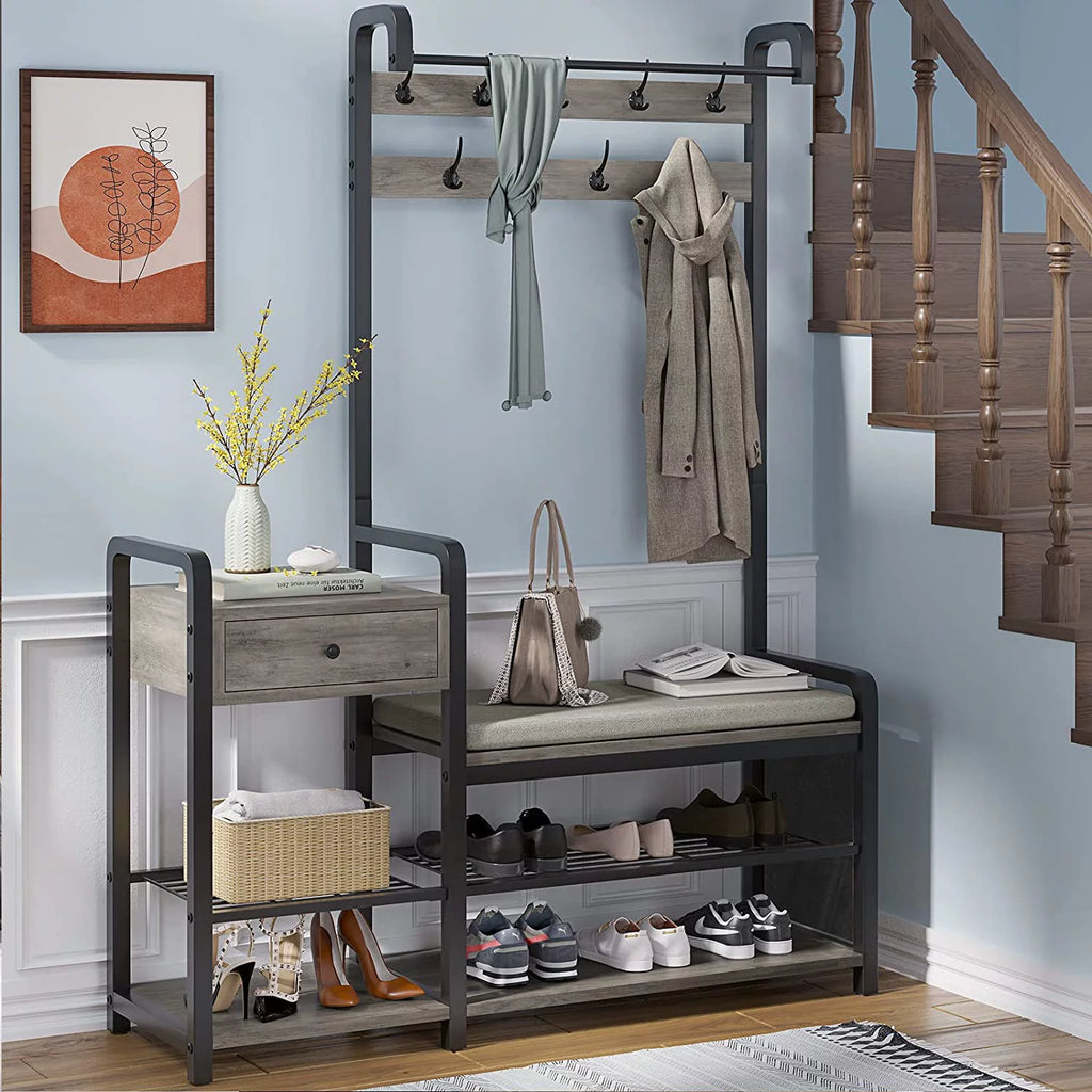 Hall Tree Entryway Bench with Shoe Rack, Coat Storage and Cushion H2209