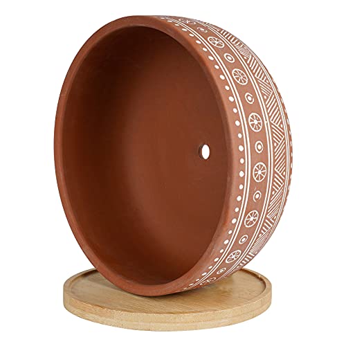 Terracotta Succulent Planter Pot with Drainage Hole and Bamboo Tray V7688