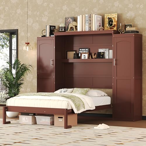 Murphy Bed with Two Wardrobes and Storage Shelf for Small Bedrooms A623