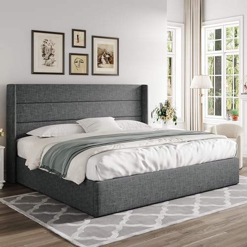 Full Size Lift Up Storage Bed with Wingback Headboard, Hydraulic Support, Light Beige P736605