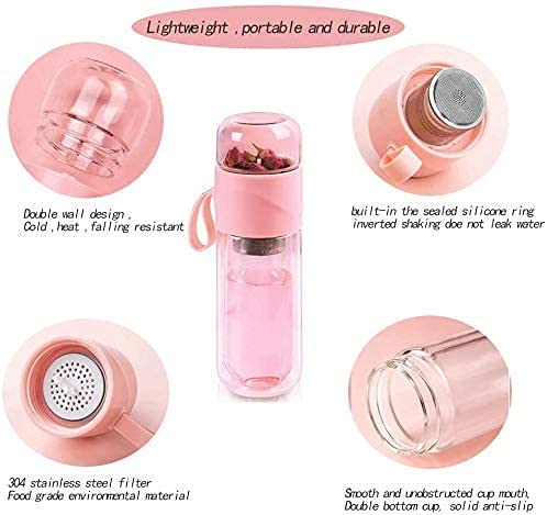 Double Wall Glass Tea Bottle with Infuser, Leak-Proof Travel Tumbler 14oz T8756