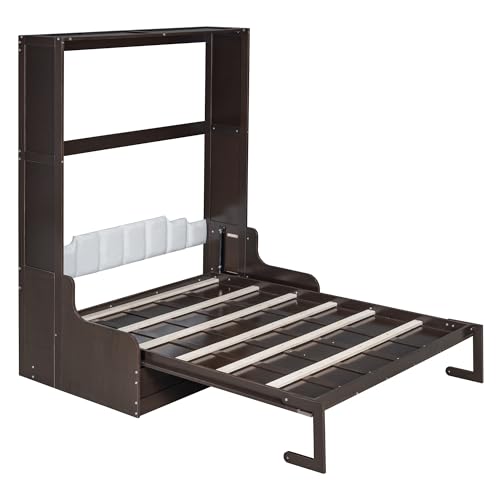Murphy Bed Queen Size with Cushion, Foldable Sofa Bed Frame with Slat Support, White C2974