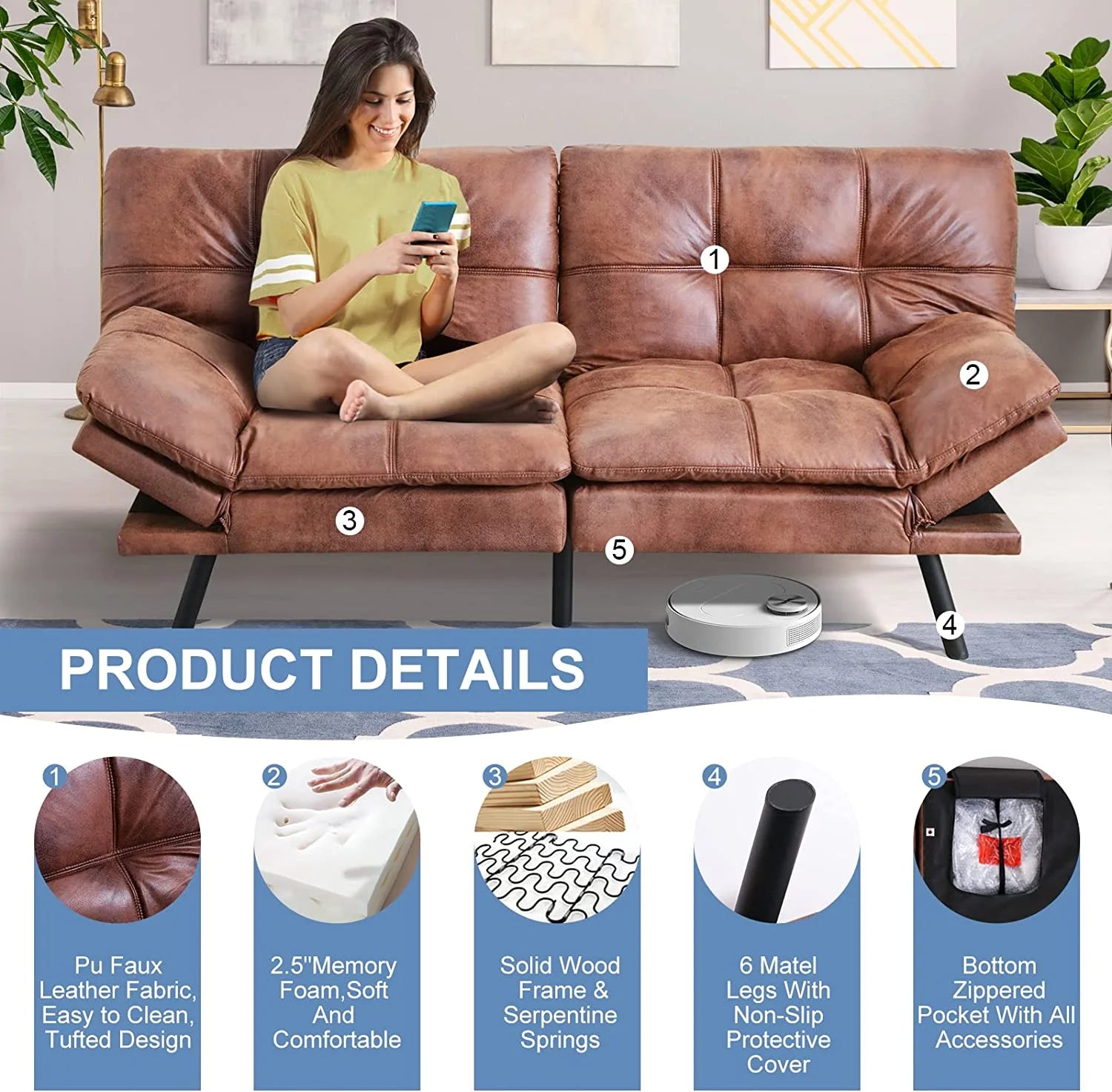 Futon Sofa Bed Memory Foam Convertible Couch with Adjustable Armrests O625