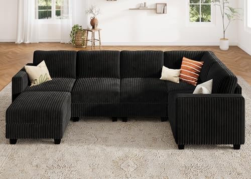 Corduroy Modular Sectional Couch with Storage, L-Shaped, 6 Seater, Dark Gray X823135