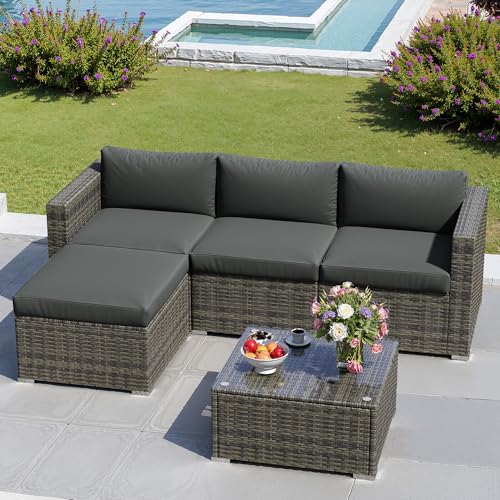 Outdoor Patio Furniture Set with Glass Tea Table, PE Rattan Wicker, Washable Cushions, Grey K8525