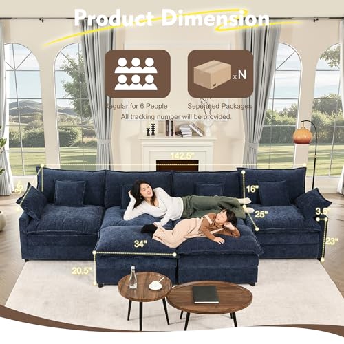 U Shaped Modular Sectional Sofa with Ottoman, Chenille, Black Z16537