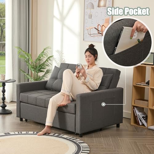 Sleeper Sofa with Pull-Out Bed, 3-in-1 Convertible, Light Gray E75945