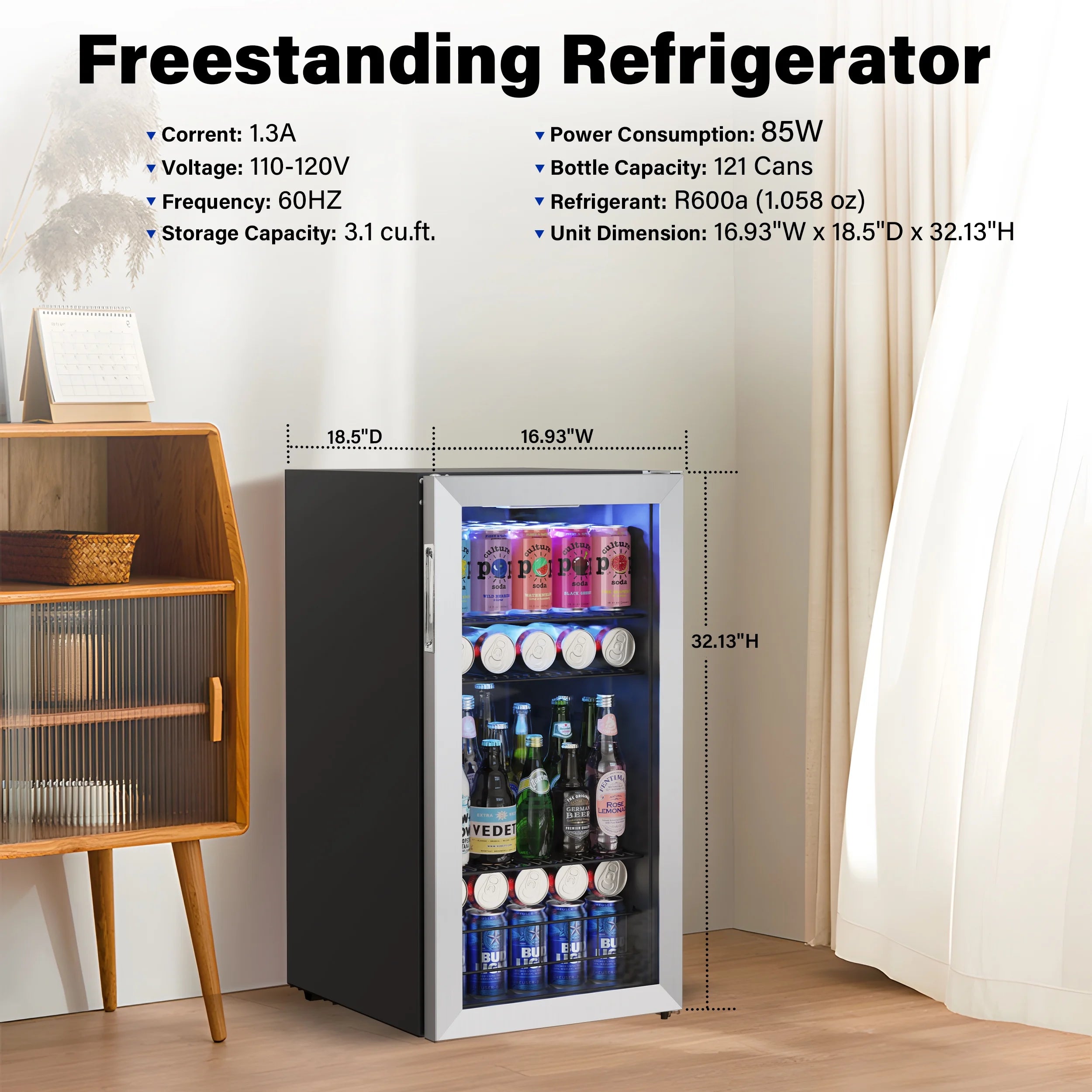 Freestanding Compact Mini Drink Fridge with Glass Door, 95-121 Can M508