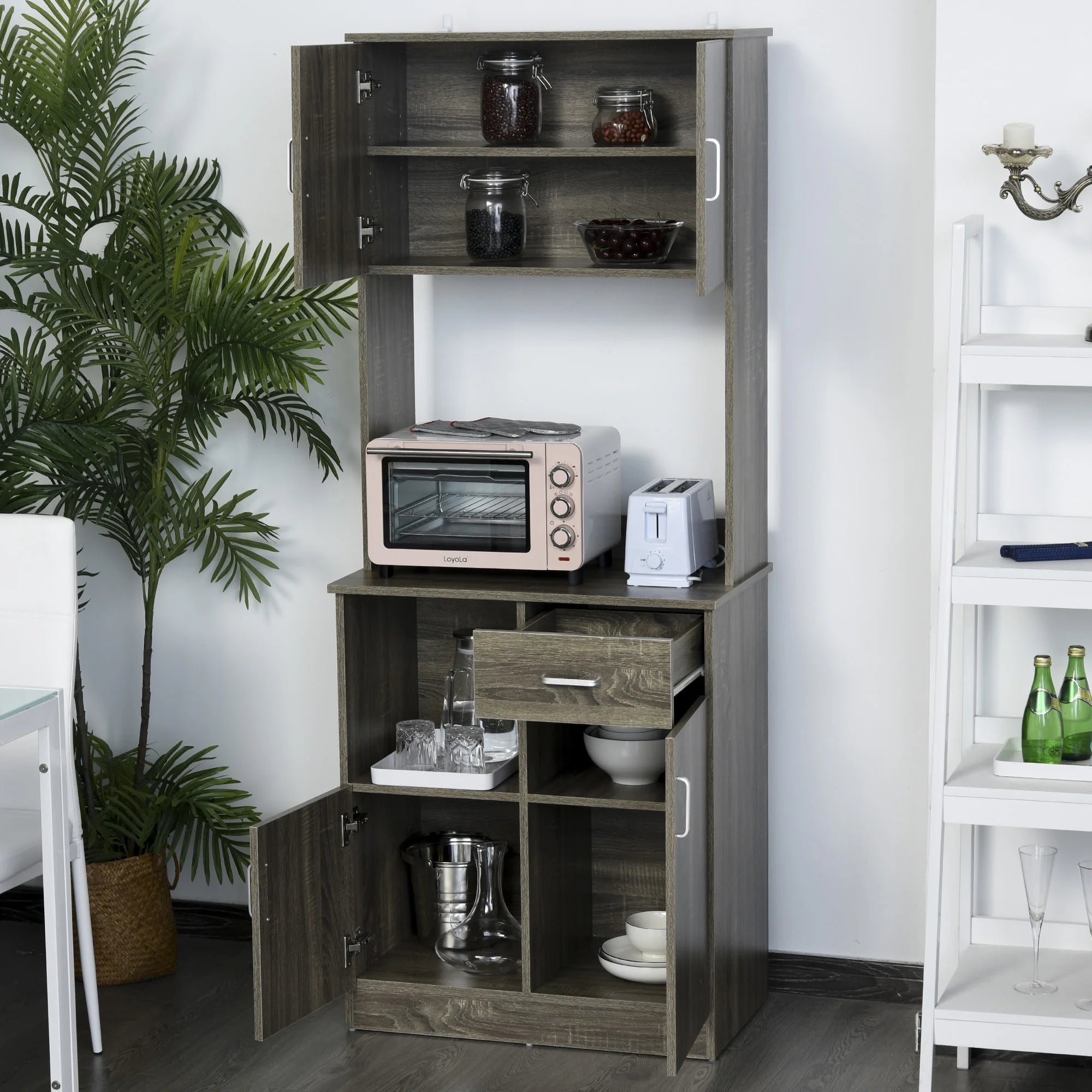 Kitchen Pantry Storage Cabinet with Microwave Stand and Adjustable Shelves K408197